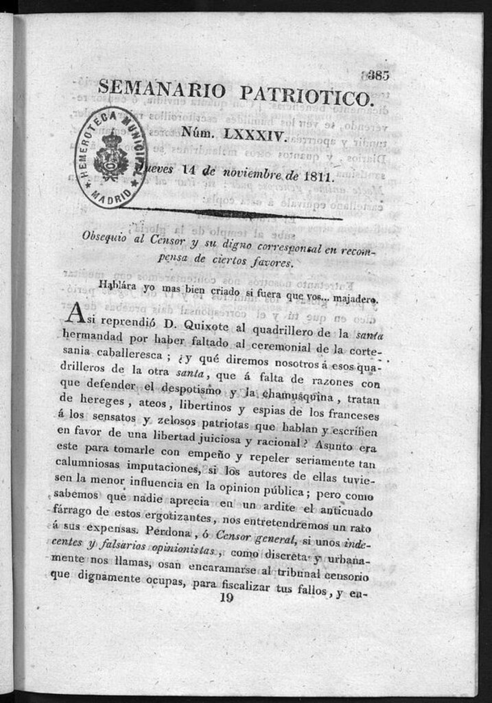 Miniatura de Semanario Patriótico. Num LXXXIII Jueves 14 de Noviembre de 1811