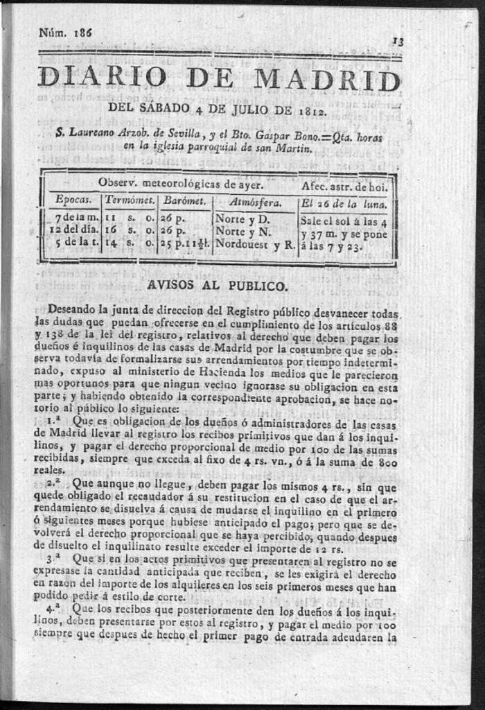 Miniatura de Diario de Madrid del sábado 4 de Julio de 1812