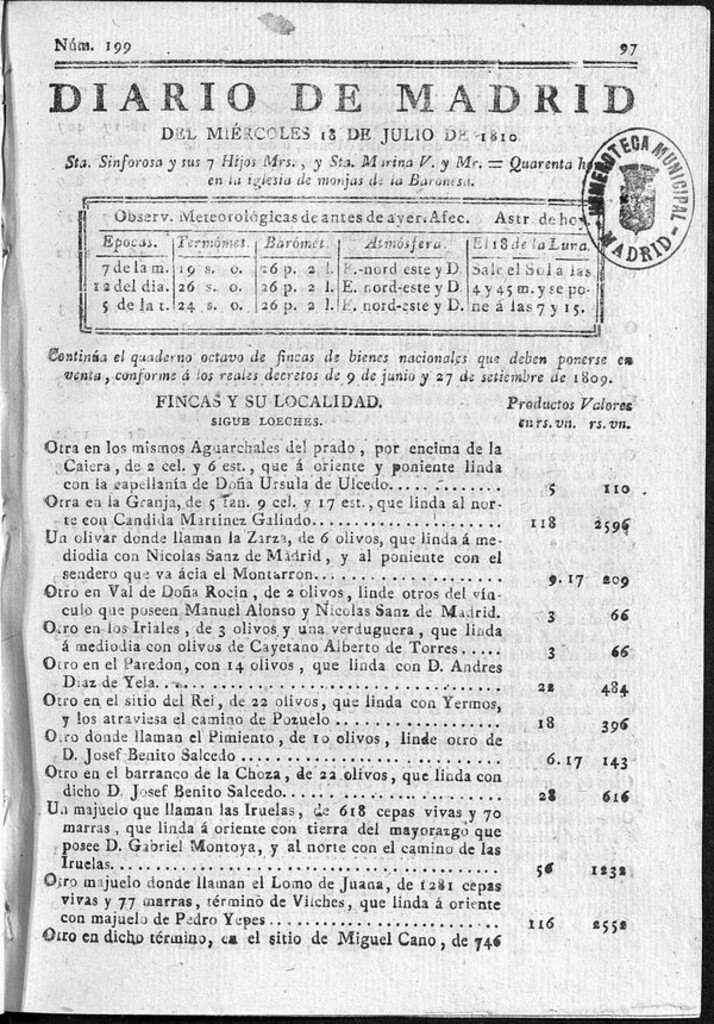 Miniatura de Diario de Madrid del miércoles 18 de Julio de 1810