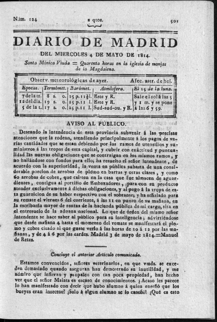 Miniatura de Diario de Madrid del miércoles 4 de Mayo de 1814