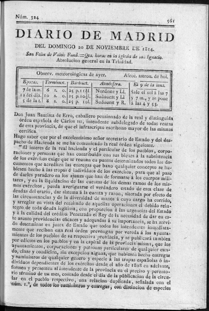 Miniatura de Diario de Madrid del Domingo 20 de Noviembre de 1814