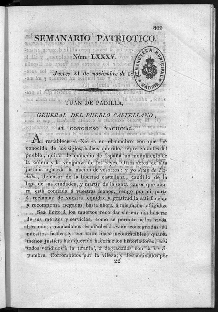 Miniatura de Semanario Patriótico. Num LXXXIV Jueves 21 de Noviembre de 1811