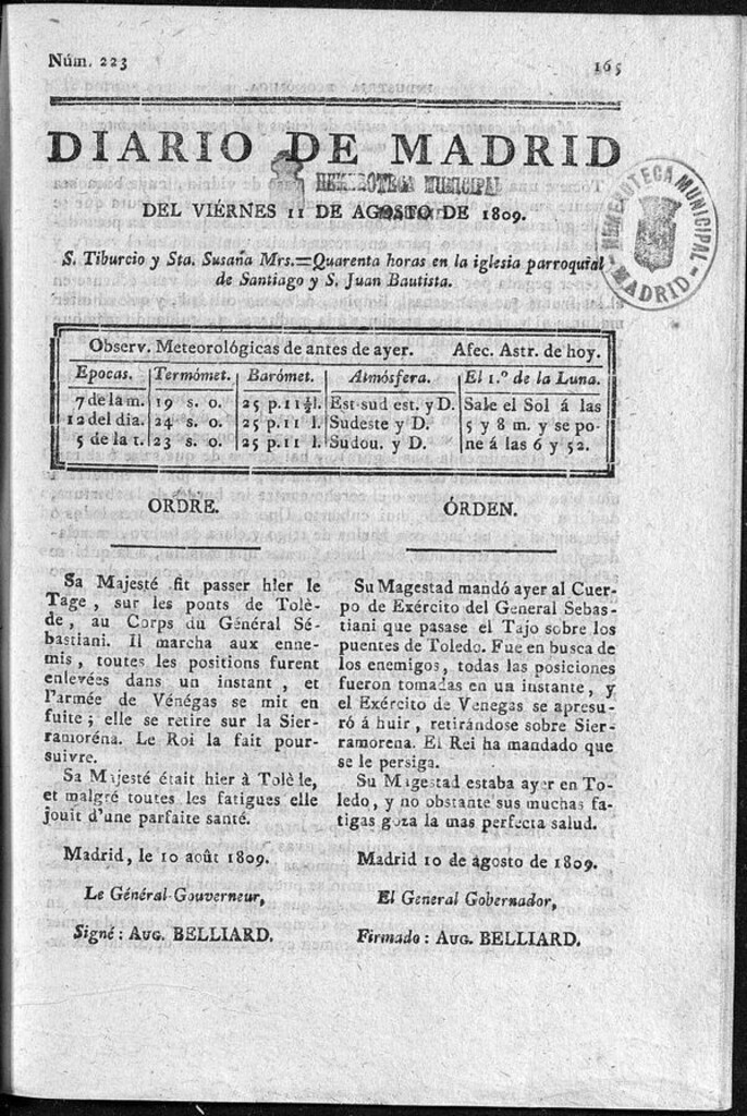 Miniatura de Diario de Madrid del viernes 11 de Agosto de 1809