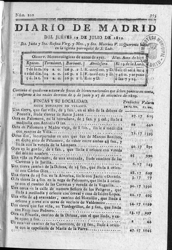 Miniatura de Diario de Madrid del jueves 19 de Julio de 1810