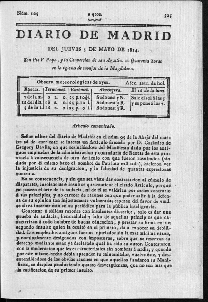 Miniatura de Diario de Madrid del jueves 5 de Mayo de 1814