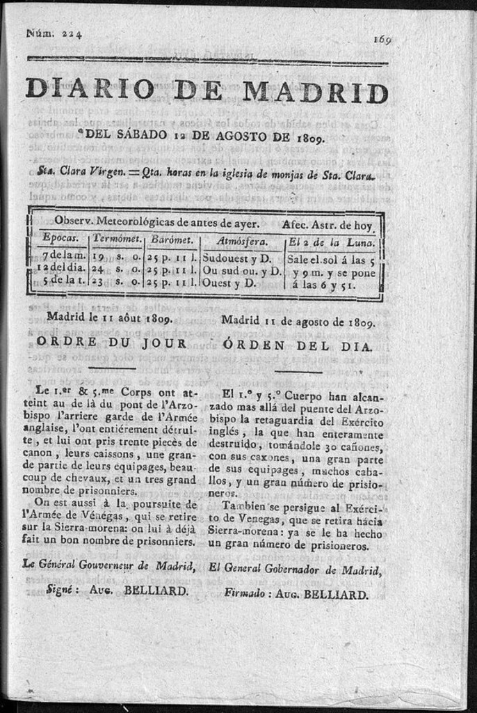 Miniatura de Diario de Madrid del sábado 12 de Agosto de 1809
