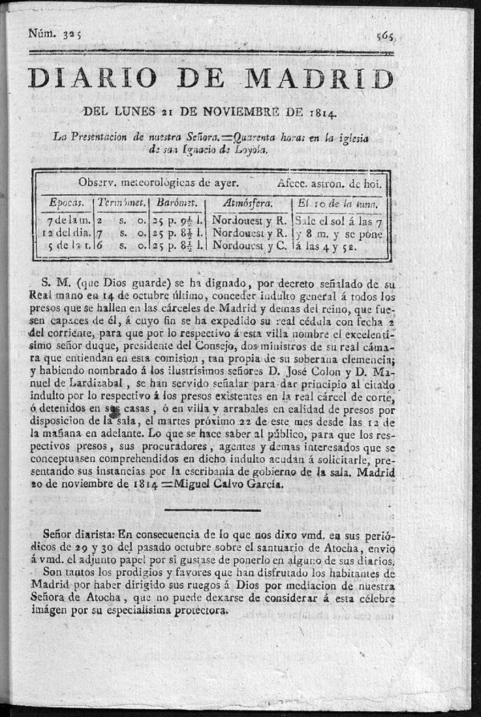 Miniatura de Diario de Madrid del Lunes 21 de Noviembre de 1814