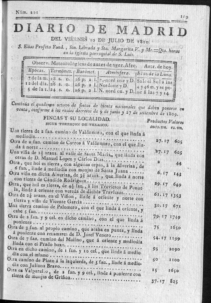Miniatura de Diario de Madrid del viernes 20 de Julio de 1810
