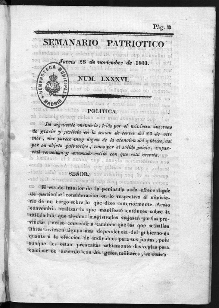 Miniatura de Semanario Patriótico. Num LXXXV Jueves 28 de Noviembre de 1811