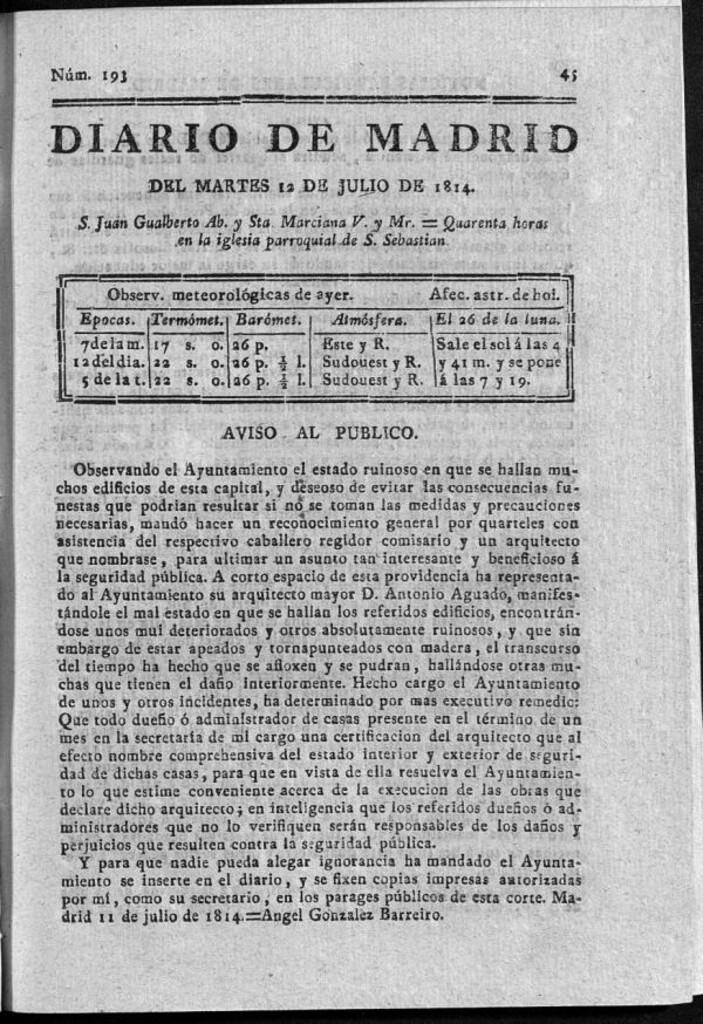 Miniatura de Diario de Madrid del martes 12 de Julio de 1814