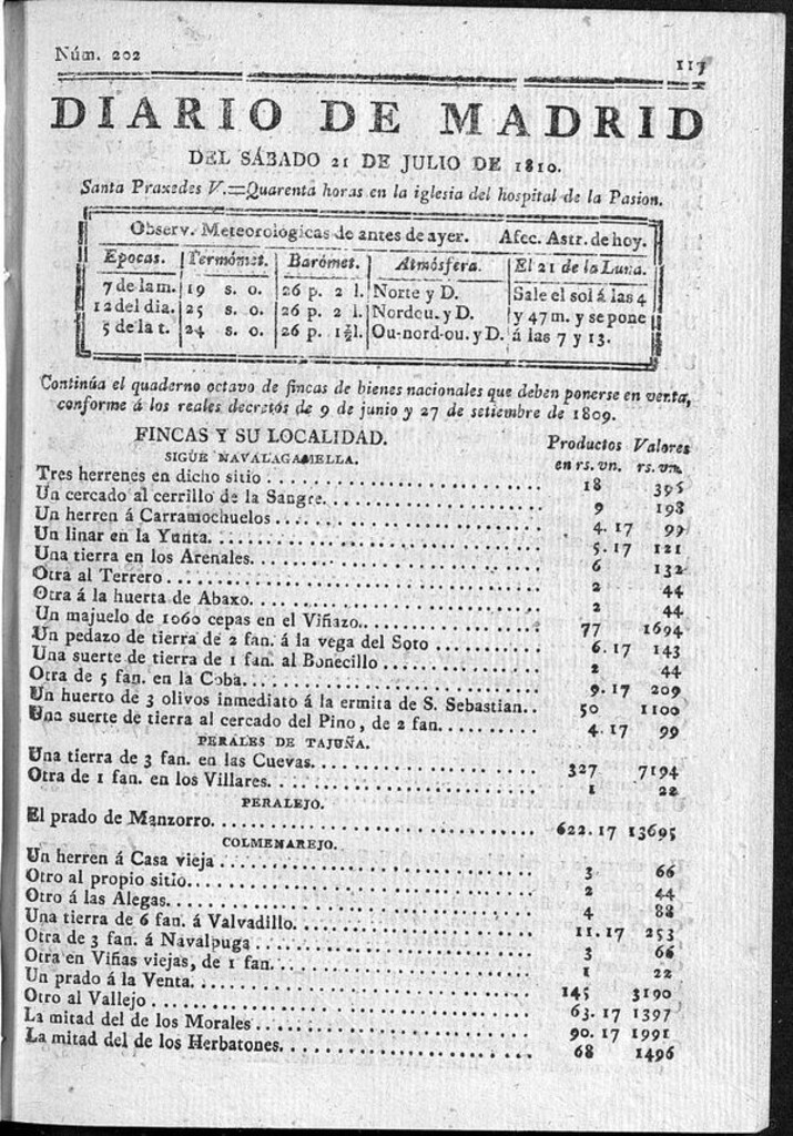 Miniatura de Diario de Madrid del sábado 21 de Julio de 1810