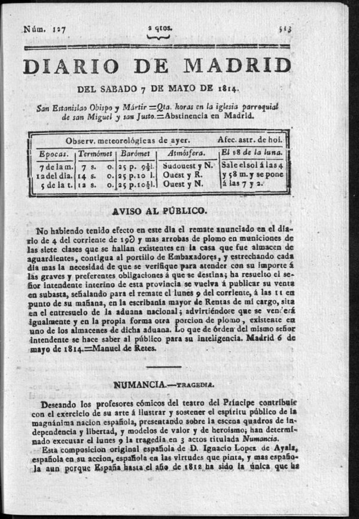 Miniatura de Diario de Madrid del sábado 7 de Mayo de 1814