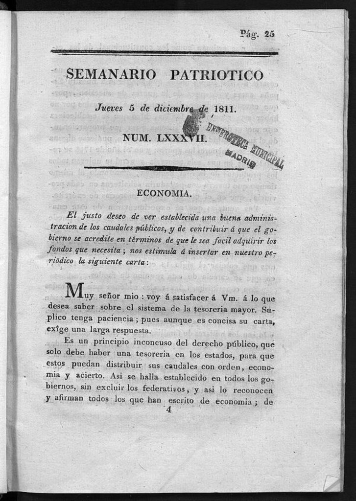 Miniatura de Semanario Patriótico. Num LXXXVI Jueves 5 de Diciembre de 1811
