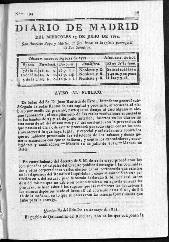 Miniatura de Diario de Madrid del miércoles 13 de Julio de 1814