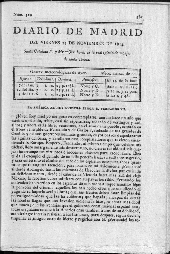 Miniatura de Diario de Madrid del Viernes 25 de Noviembre de 1814