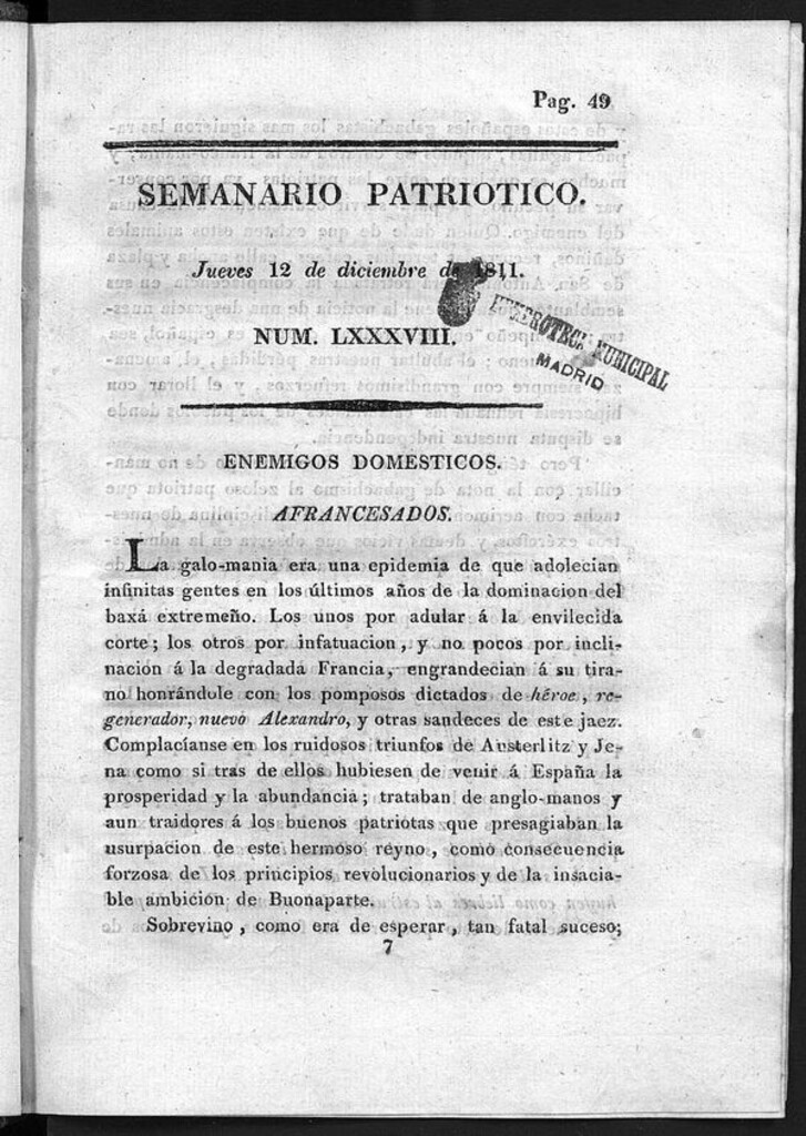Miniatura de Semanario Patriótico. Num LXXXVII Jueves 12 de Diciembre de 1811