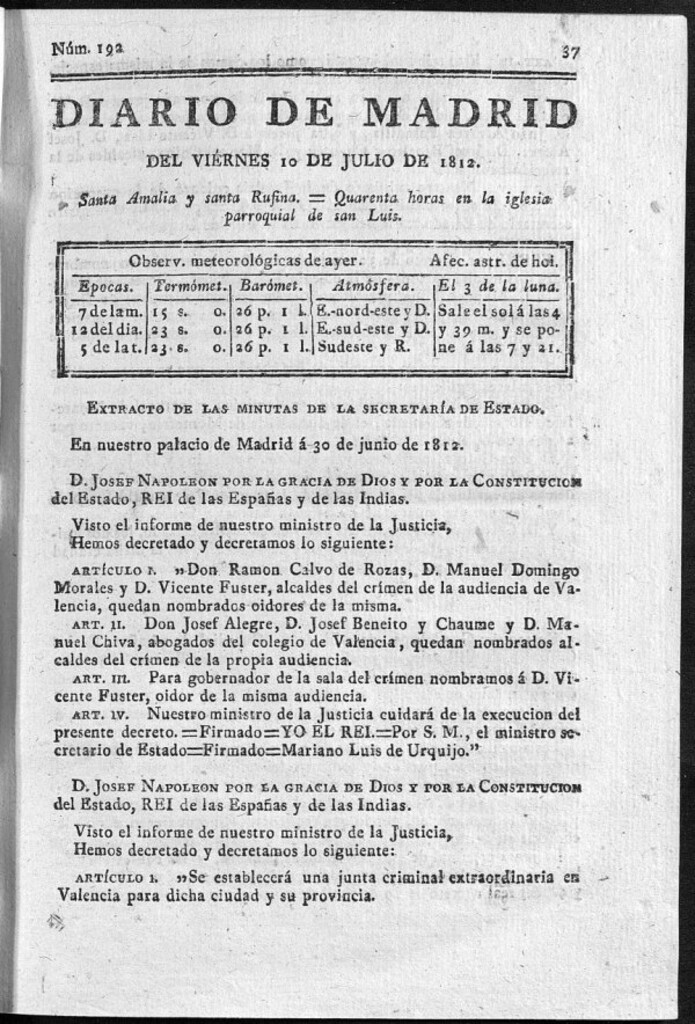 Miniatura de Diario de Madrid del viernes 10 de Julio de 1812