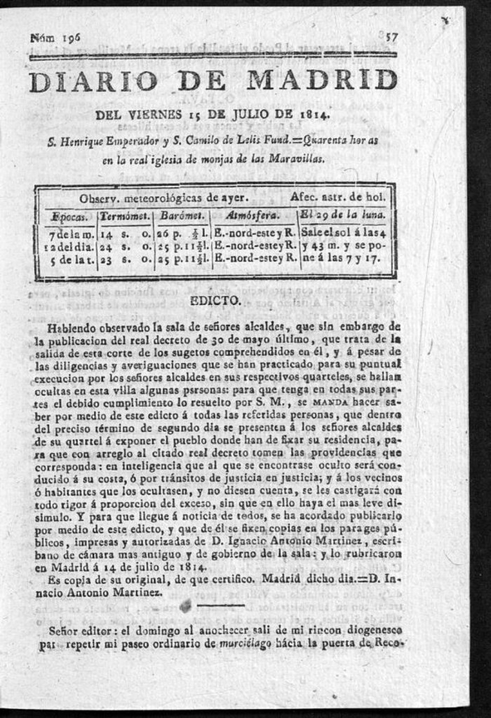 Miniatura de Diario de Madrid del viernes 15 de Julio de 1814
