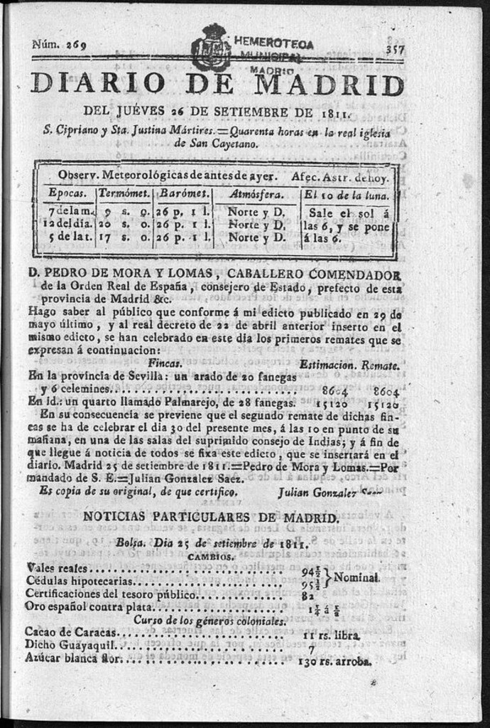 Miniatura de Diario de Madrid del jueves 26 de Septiembre de 1811