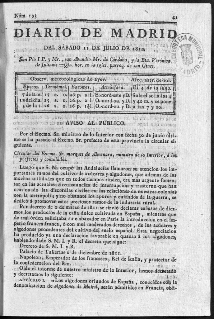 Miniatura de Diario de Madrid del sábado 11 de Julio de 1812