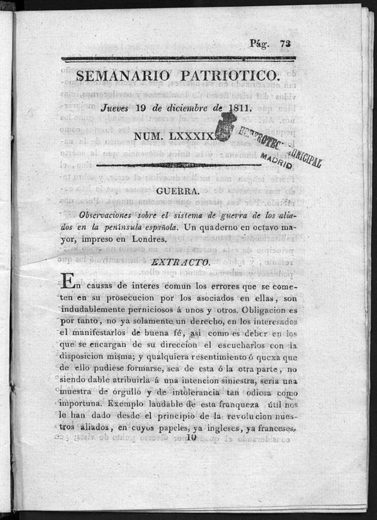 Miniatura de Semanario Patriótico. Num LXXXVIII Jueves 19 de Diciembre de 1811