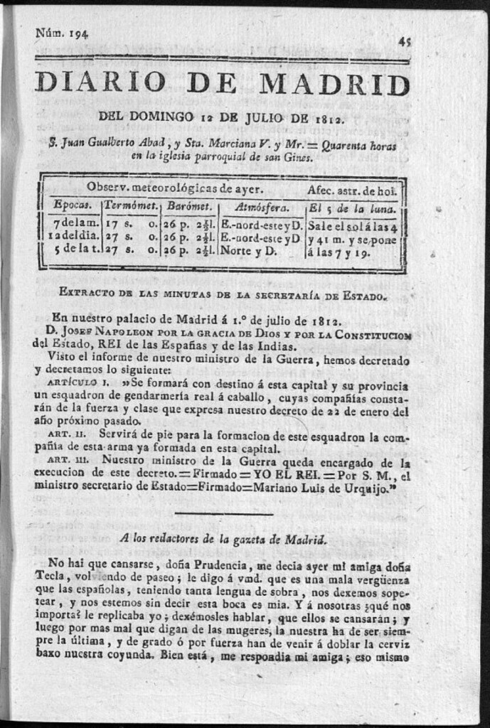 Miniatura de Diario de Madrid del domingo 12 de Julio de 1812