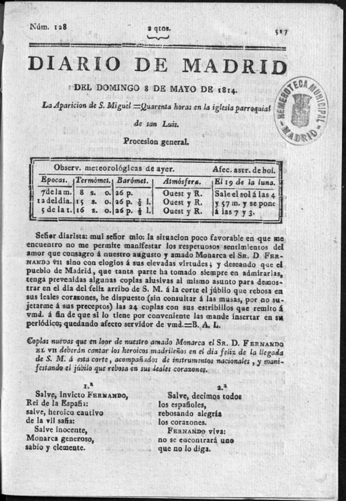 Miniatura de Diario de Madrid del domingo 8 de Mayo de 1814