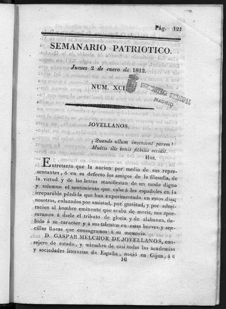 Miniatura de Semanario Patriótico. Num XC Jueves 2 de Enero de 1812