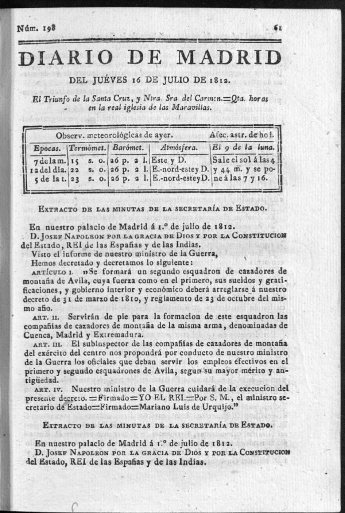 Miniatura de Diario de Madrid del jueves 16 de Julio de 1812