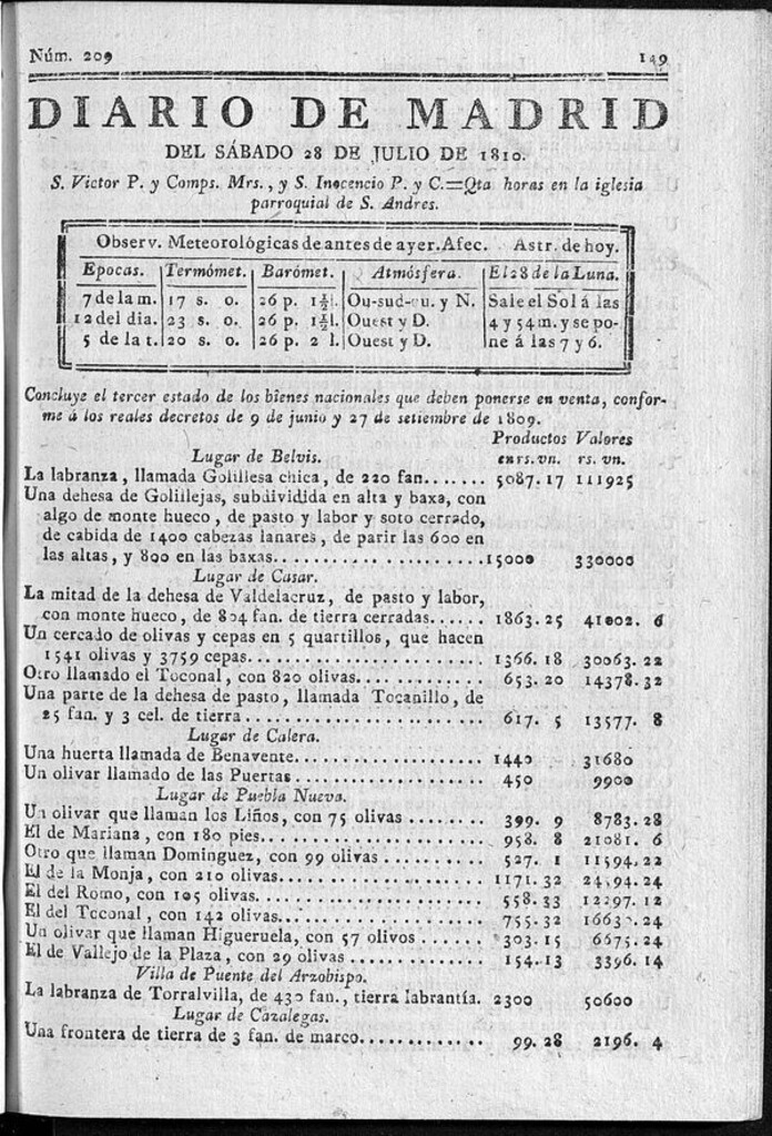 Miniatura de Diario de Madrid del sábado 28 de Julio de 1810