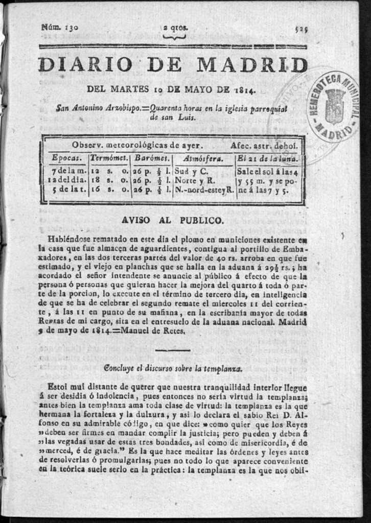 Miniatura de Diario de Madrid del martes 10 de Mayo de 1814