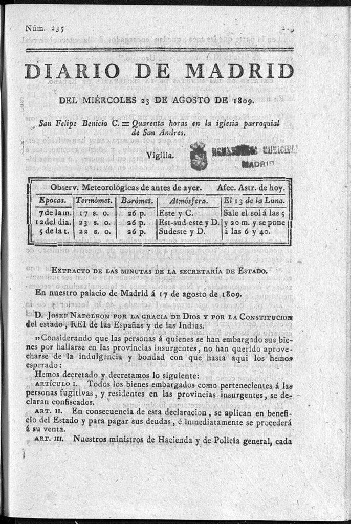 Miniatura de Diario de Madrid del miércoles 23 de Agosto de 1809