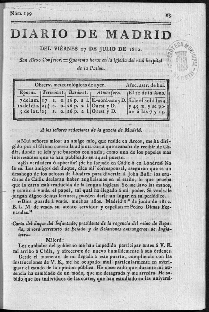 Miniatura de Diario de Madrid del viernes 17 de Julio de 1812