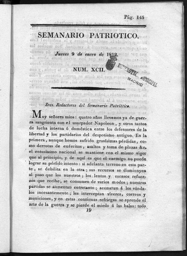 Miniatura de Semanario Patriótico. Num XCI Jueves 9 de Enero de 1812