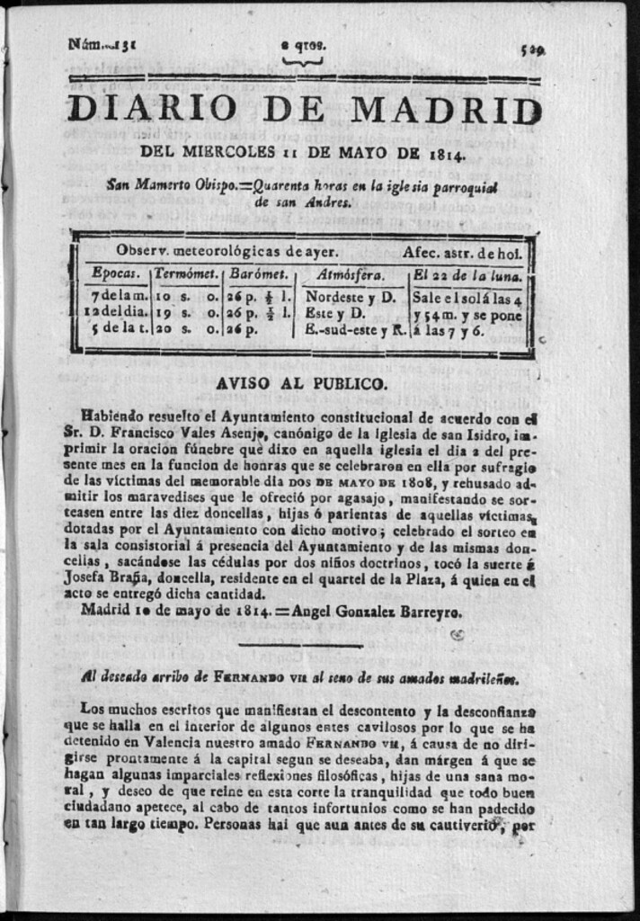 Miniatura de Diario de Madrid del miércoles 11 de Mayo de 1814