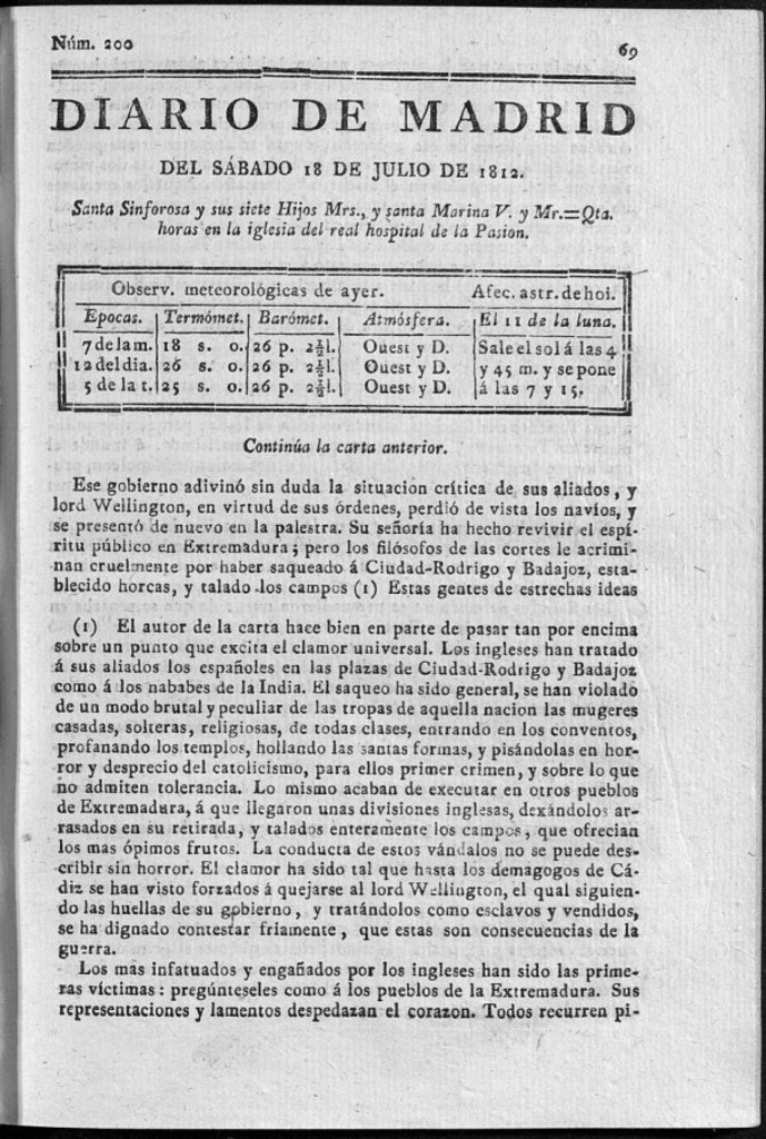 Miniatura de Diario de Madrid del sábado 18 de Julio de 1812
