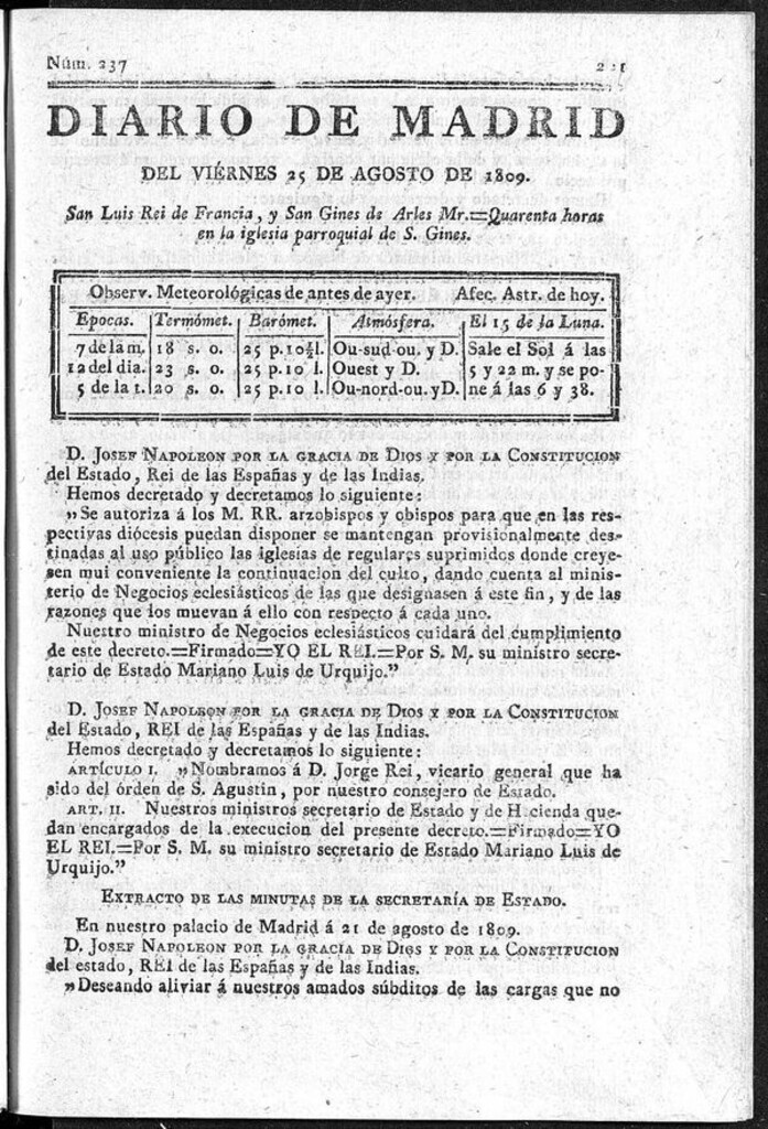Miniatura de Diario de Madrid del viernes 25 de Agosto de 1809