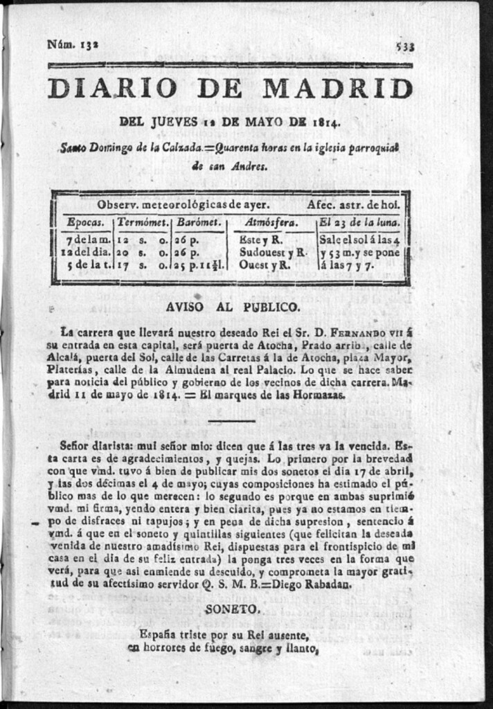 Miniatura de Diario de Madrid del jueves 12 de Mayo de 1814