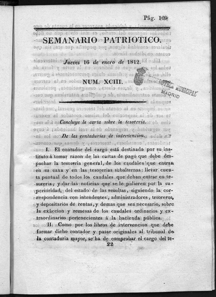 Miniatura de Semanario Patriótico. Num XCII Jueves 16 de Enero de 1812