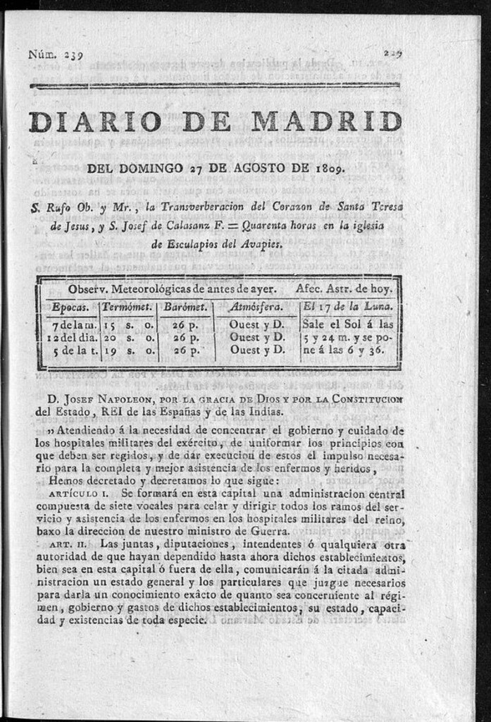 Miniatura de Diario de Madrid del domingo 27 de Agosto de 1809