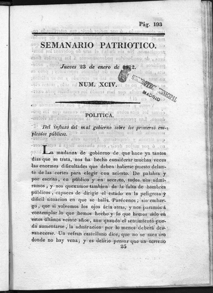 Miniatura de Semanario Patriótico. Num XCIII Jueves 23 de Enero de 1812