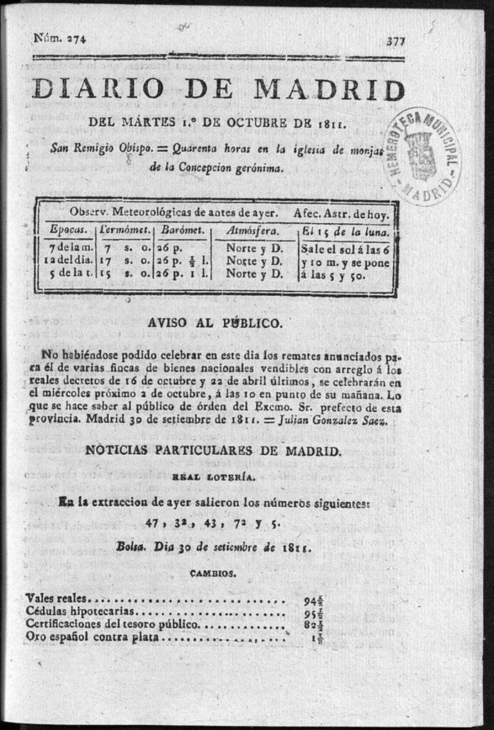 Miniatura de Diario de Madrid del martes 1 de Octubre de 1811