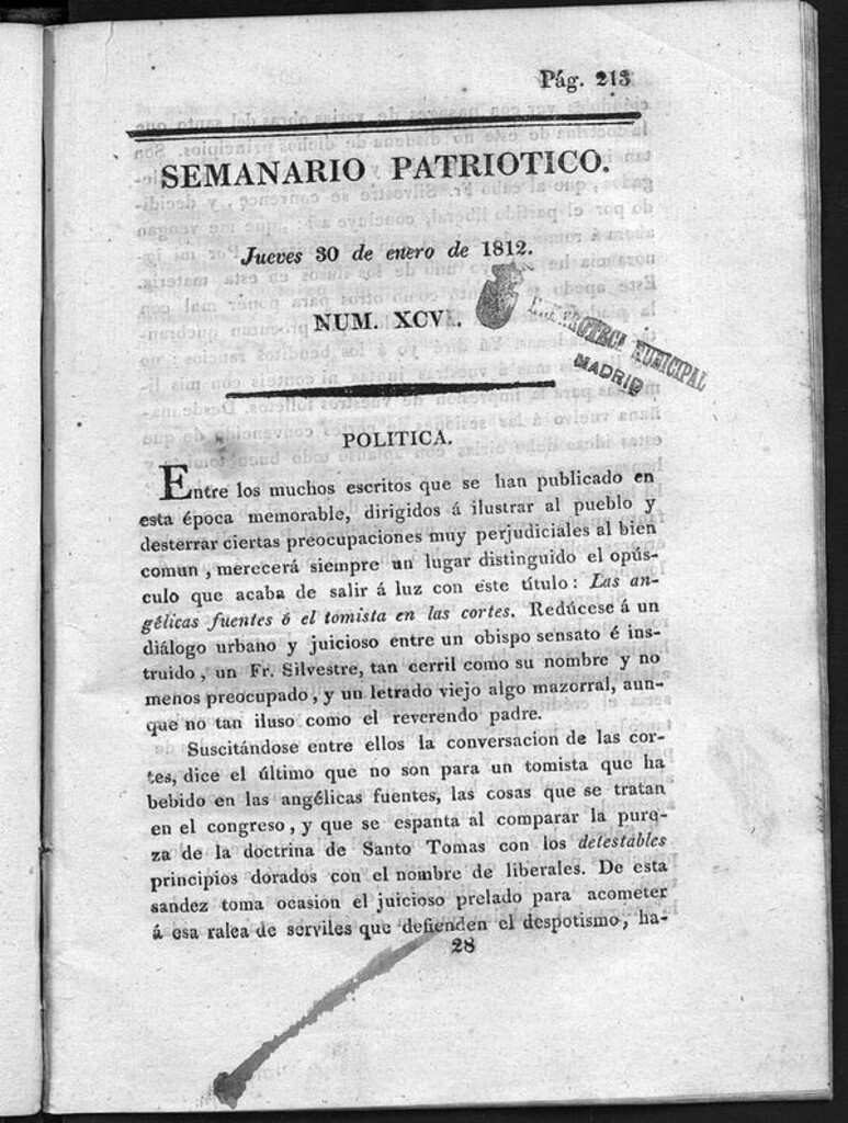 Miniatura de Semanario Patriótico. Num XCIV Jueves 30 de Enero de 1812