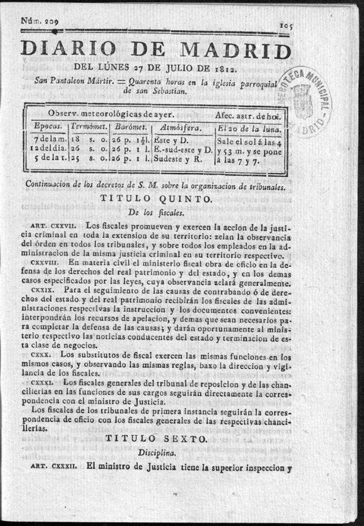 Miniatura de Diario de Madrid del lunes 27 de Julio de 1812