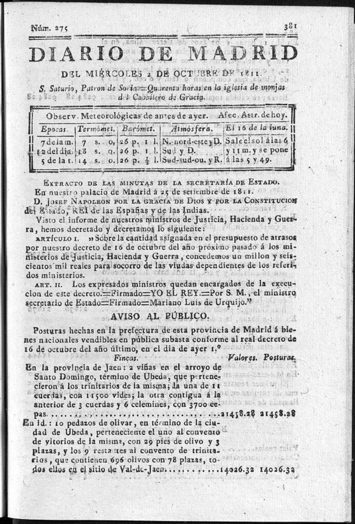 Miniatura de Diario de Madrid del miércoles 2 de Octubre de 1811