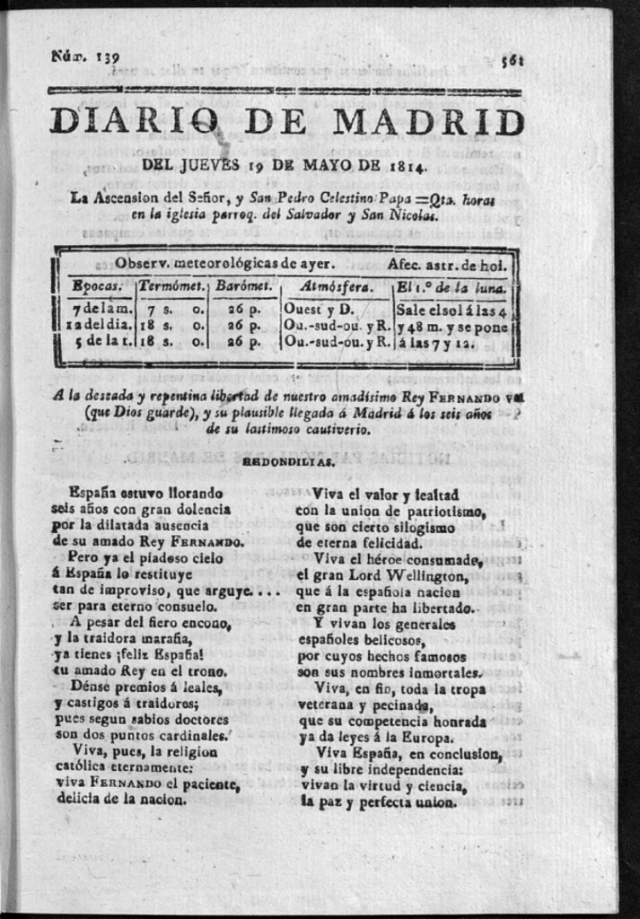 Miniatura de Diario de Madrid del jueves 19 de Mayo de 1814