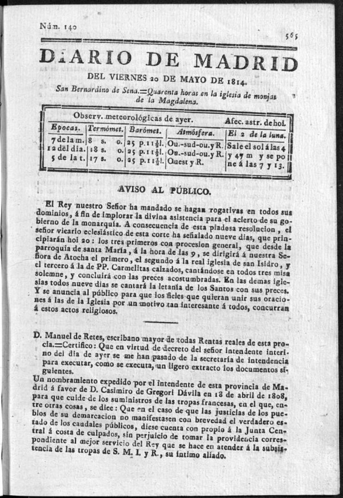 Miniatura de Diario de Madrid del viernes 20 de Mayo de 1814