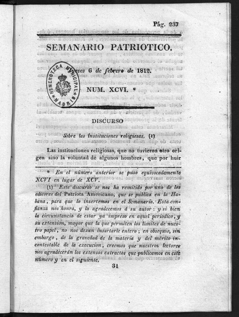 Miniatura de Semanario Patriótico. Num XCV Jueves 6 de Febrero de 1812