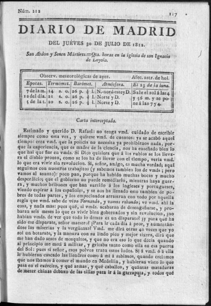 Miniatura de Diario de Madrid del jueves 30 de Julio de 1812