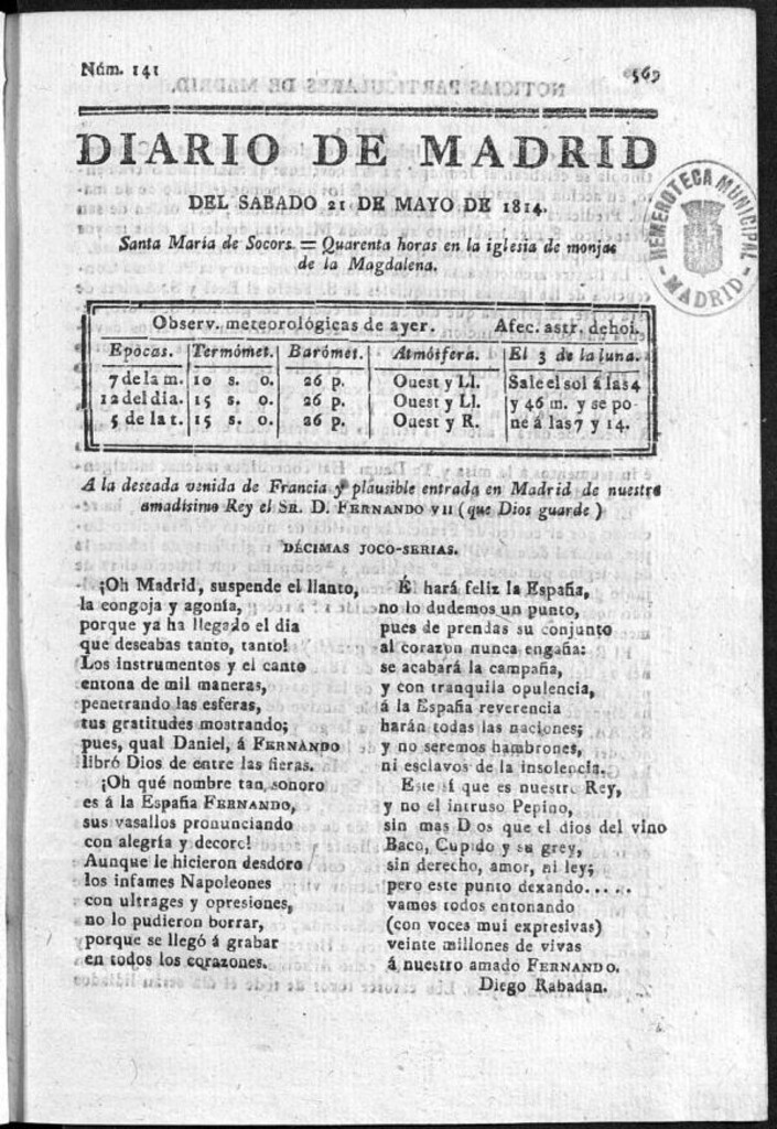 Miniatura de Diario de Madrid del sábado 21 de Mayo de 1814